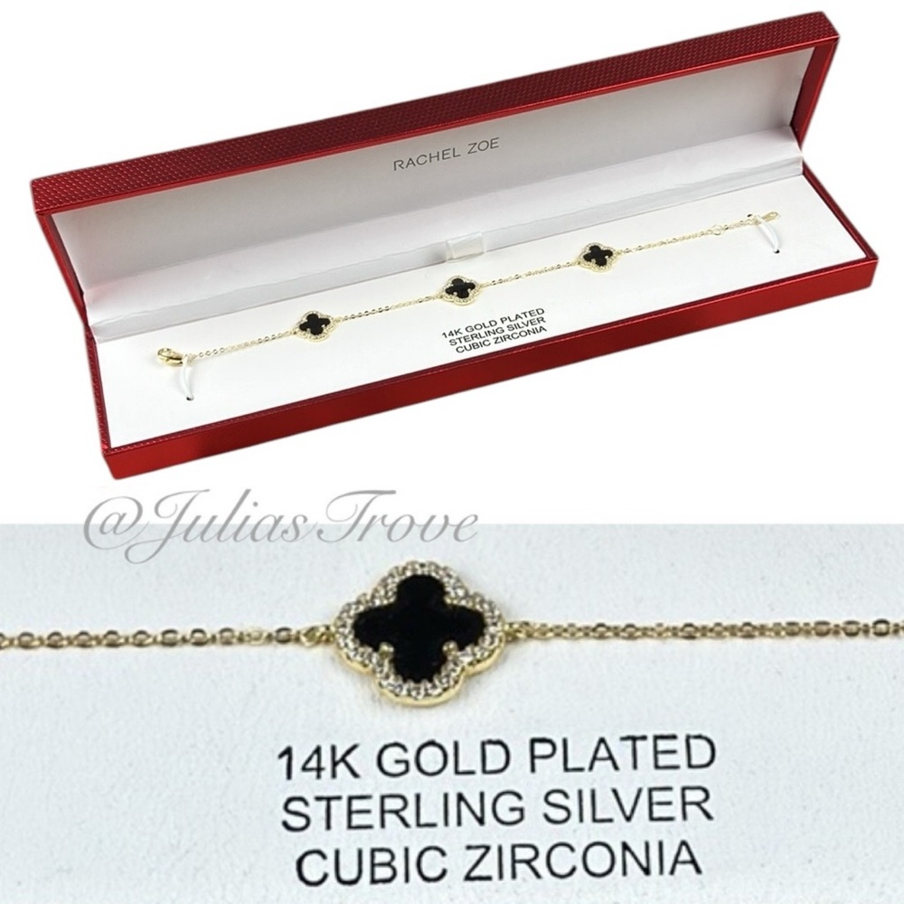 Rachel Zoe 14K Gold Plated 925 Silver Clover Bracelet Black NWT